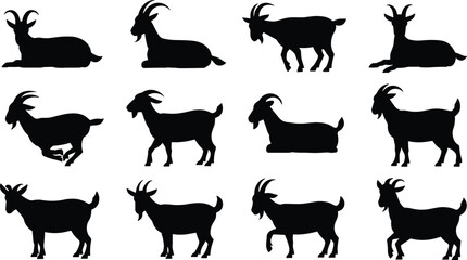 Goat silhouettes in various standing, sitting, and walking poses, farm animal vector collection for agriculture, wildlife, and design use