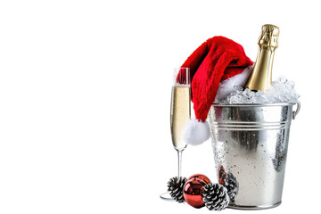 Champagne bottle and glass with santa hat in ice bucket isolated on transparent background. champagne with a red santa claus cap in an ice bucket isolated on white background.