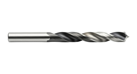 Drill bit lays horizontally revealing its helical flutes and cylindrical shank on the dark surface.