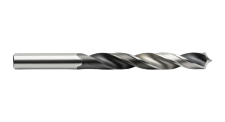 Drill bit lays horizontally revealing its helical flutes and cylindrical shank on the dark surface.