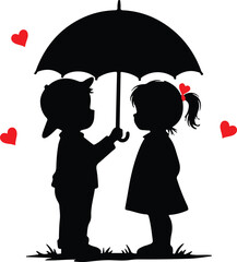 Silhouette of Children Sharing Umbrella with Hearts
