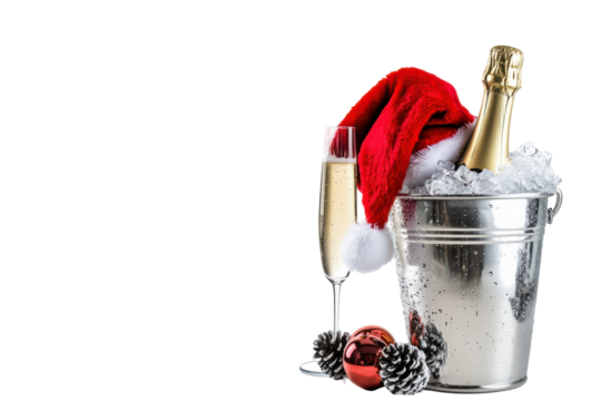 Champagne bottle and glass with santa hat in ice bucket isolated on transparent background. champagne with a red santa claus cap in an ice bucket isolated on white background.