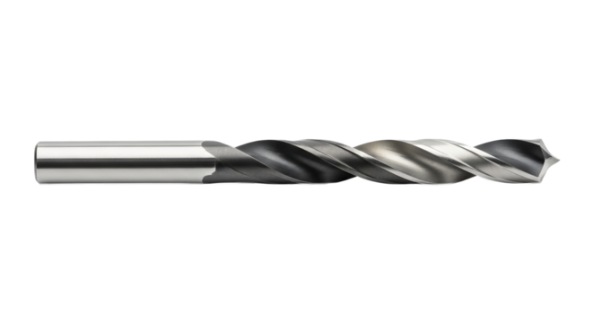 Drill bit lays horizontally revealing its helical flutes and cylindrical shank on the dark surface.