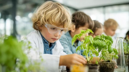 Curious young boy in safety goggles and lab coat explores plant biology during a hands on science class. Children engage in interactive learning with green plants in a bright classroom environment
