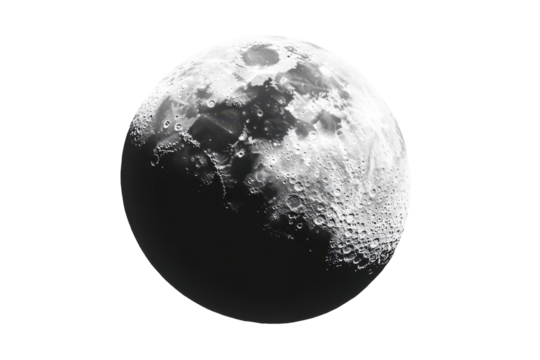 Detailed view of the moon's surface isolated on transparent background. Moon isolated on white background.