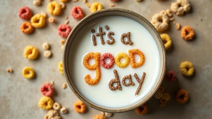 'It's a good day' writing made of cereals in a bowl of milk
