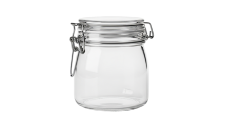 Empty glass jar stands upright with a metal hinged lid, showcased against a plain .
