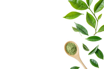 Green tea leaves and spoon with tea isolated on transparent background. Natural matcha green tea powder in a wooden spoon beside fresh tea leaves on a white background.