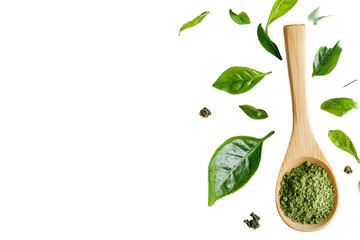 Green tea leaves and spoon with tea isolated on transparent background. Natural matcha green tea powder in a wooden spoon beside fresh tea leaves on a white background.