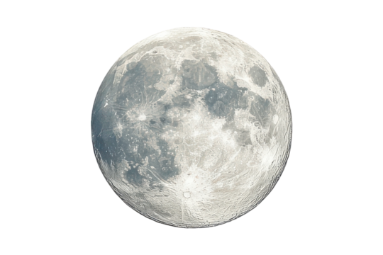 Detailed full moon with visible craters isolated on transparent background.