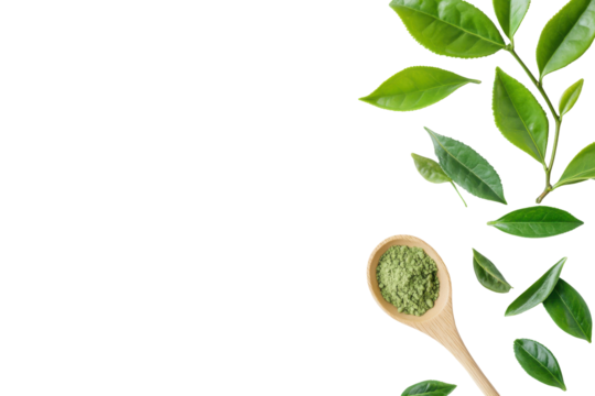 Green tea leaves and spoon with tea isolated on transparent background. Natural matcha green tea powder in a wooden spoon beside fresh tea leaves on a white background.