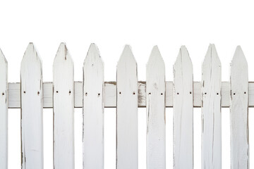 Obraz premium Classic white picket fence section isolated on transparent background. New white painted wooden fence isolated on white background.