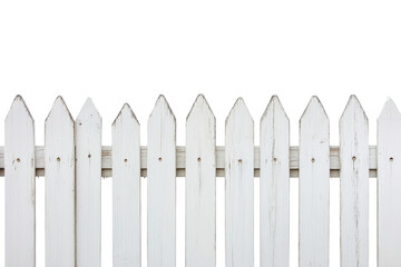 Fototapeta premium Classic white picket fence section isolated on transparent background. New white painted wooden fence isolated on white background.