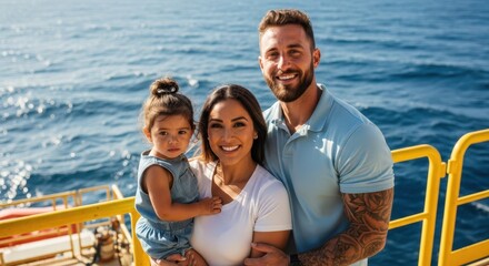 Fototapeta premium Family Bond on the Open Water: A portrait of a family, enjoying the sunny expanse of the sea, the gentle smile on each face painting a story of familial love, creating a warm, idyllic scene.