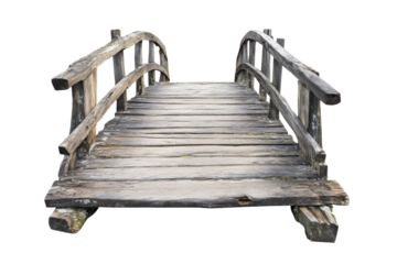 Rustic wooden garden bridge with ornate railings isolated on transparent background. Old wooden bridge isolated on white background.
