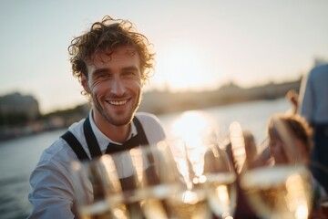 A cheerful man raises a glass for a toast during a sunset cruise, reflecting joy and celebration on the water.
