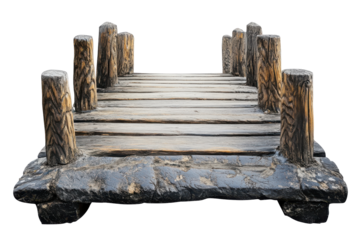 Rustic wooden garden bridge with ornate railings isolated on transparent background. Old wooden bridge isolated on white background.