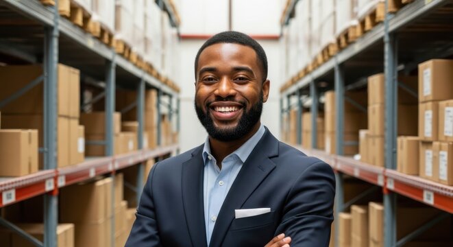 Warehouse Visionary: A confident businessperson smiles broadly in the heart of a bustling warehouse, framed by rows of organized shelving. - Powered by Adobe