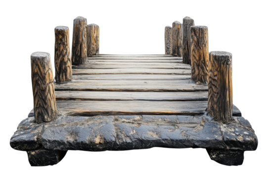 Rustic wooden garden bridge with ornate railings isolated on transparent background. Old wooden bridge isolated on white background.