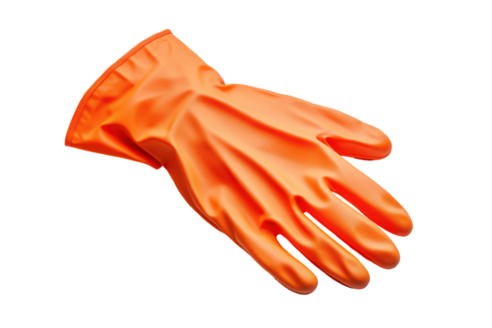 Bright orange rubber glove isolated on transparent background. Pair of orange rubber glove for cleaning isolated on white background.
