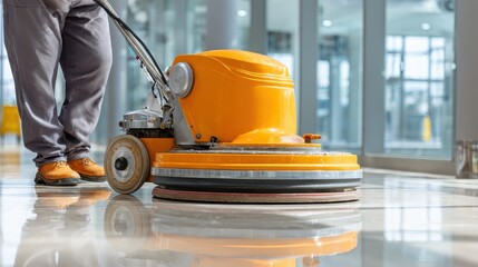 Worker cleans shiny marble floor with an orange floor scrubber machine. Depicts hygiene, janitorial service, or maintaining a pristine business image.