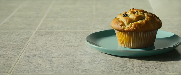 Blueberry muffin on mint ceramic plate. Cupcake with topping on tiled floor. Minimal dessert layout with empty space. Mint plate scene for text placement.
