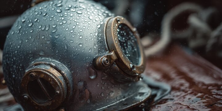Vintage diving helmet collecting water drops on wet surface