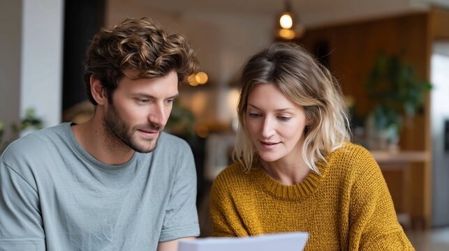 Young couple reviewing important documents together in modern cafe space during daylight - Powered by Adobe