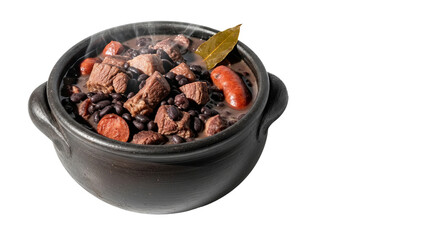 Obraz premium Feijoada sits inside a rustic bowl, presenting a savory stew of beans, meat, and sausage.