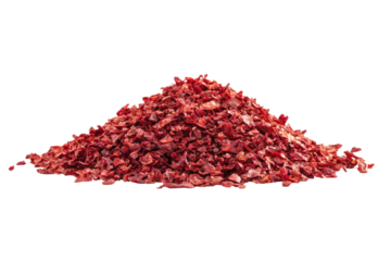 Pile of red pepper flakes isolated on transparent background. Pile of red chili hot spices isolated on white background.