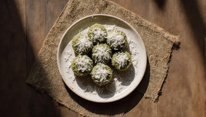 Delicious Matcha Balls on a Plate with Coconut Topping.