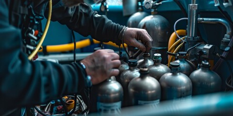 Diver hands preparing air tanks for scuba diving