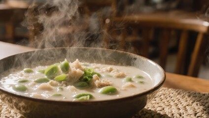 Bowl of Steaming Lima Bean Soup on a Woven Mat.