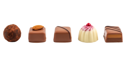 Five chocolate candies of different shapes and flavors are arranged side by side on a solid isolated background.