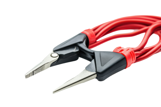 Close up of red handled needle nose pliers isolated on transparent background. Power cable pliers in red and black with electric cables isolated on white background.