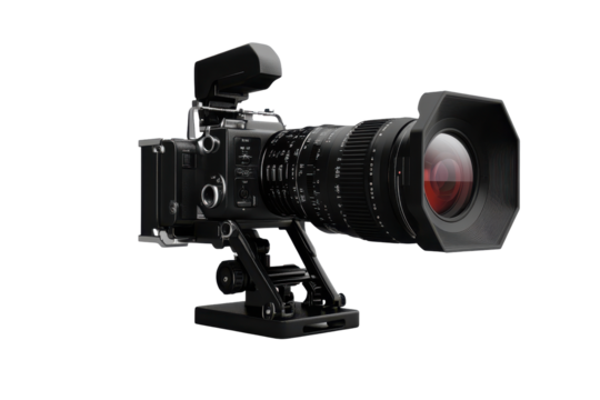 Vintage film camera with lens and flash isolated on transparent background. Professional film camera isolated on white background.