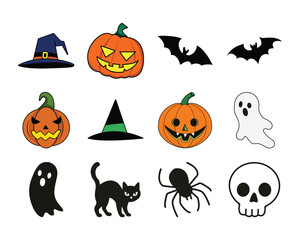 Set of cute Halloween icons including pumpkins, ghosts, bats, witch hats, black cat, spider, and skull. Perfect for holiday decorations, party invitations, and spooky designs.