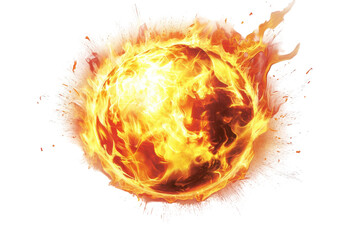 Fiery orb with splashing flames isolated on transparent background. Red yellow hot burning fire ball flame isolated on white background.