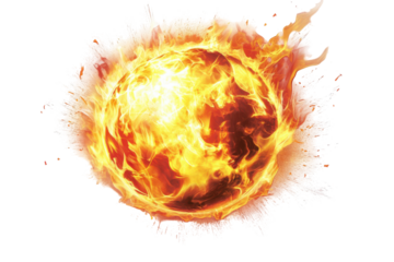 Fiery orb with splashing flames isolated on transparent background. Red yellow hot burning fire ball flame isolated on white background.