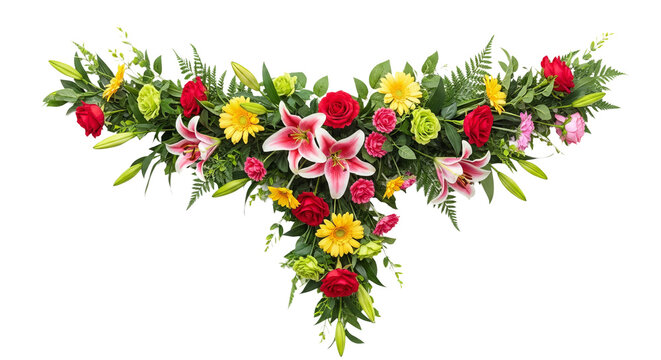 Floral arrangement features red roses, yellow daisies, and pink lilies with green foliage against a dark . - Powered by Adobe