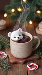 Cute marshmallow bear floating in hot chocolate with Christmas lights