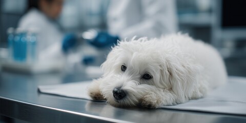 Adorable White Dog Resting on Examination Table in Veterinary Clinic, Close-up of Maltese Puppy with Veterinarians in Background, Pet Healthcare Concept