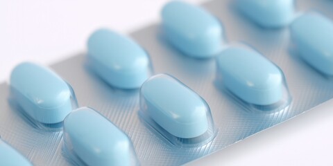 Close-up of Blue Pills in Blister Pack, Pharmaceutical Medication for Healthcare, Treatment, and Wellness, Medical Concept