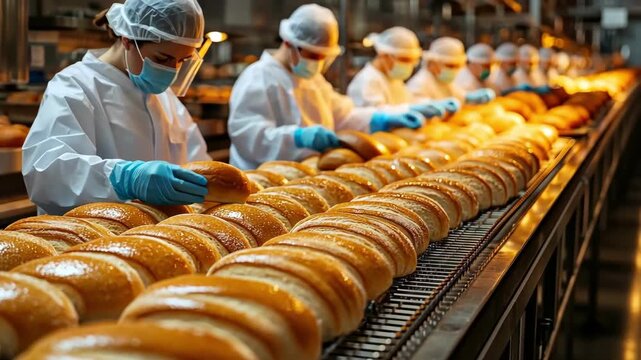 Workers in protective gear inspect fresh bread on a conveyor belt in a bakery.