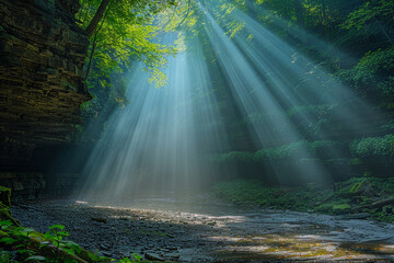 Experience enchanting beauty of a morning light beam in a ravine, where delicate interplay of light and mist creates a magical moment that transcends ordinary reality, awakening ravine's enchanting fe