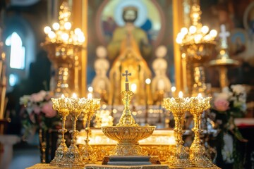 Fototapeta premium Golden altar accessories in a church illuminated by soft candlelight during a prayer service