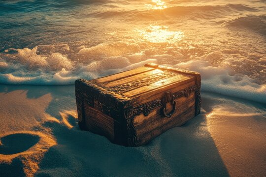 Wooden treasure chest with metal details half buried in sand on beach with gentle waves and warm sunlight reflecting on water, creating mysterious and inviting scene