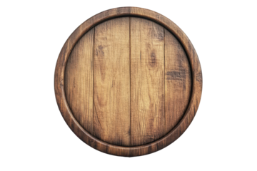 Old wooden barrel end isolated on transparent background. Round wooden sign board or shield isolated on white background.