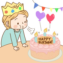 誕生日ケーキのろうそくを吹き消そうとする子供