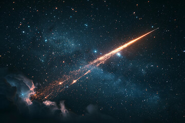 Experience enchanting beauty of a shooting star gracefully gliding through night sky, illuminating darkness with a dazzling trail of light that captures wonder and awe of universe   